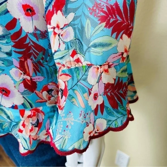 JOHNNY WAS Sz S Top Blue Floral Print Cold Shoulder - Picture 6 of 13